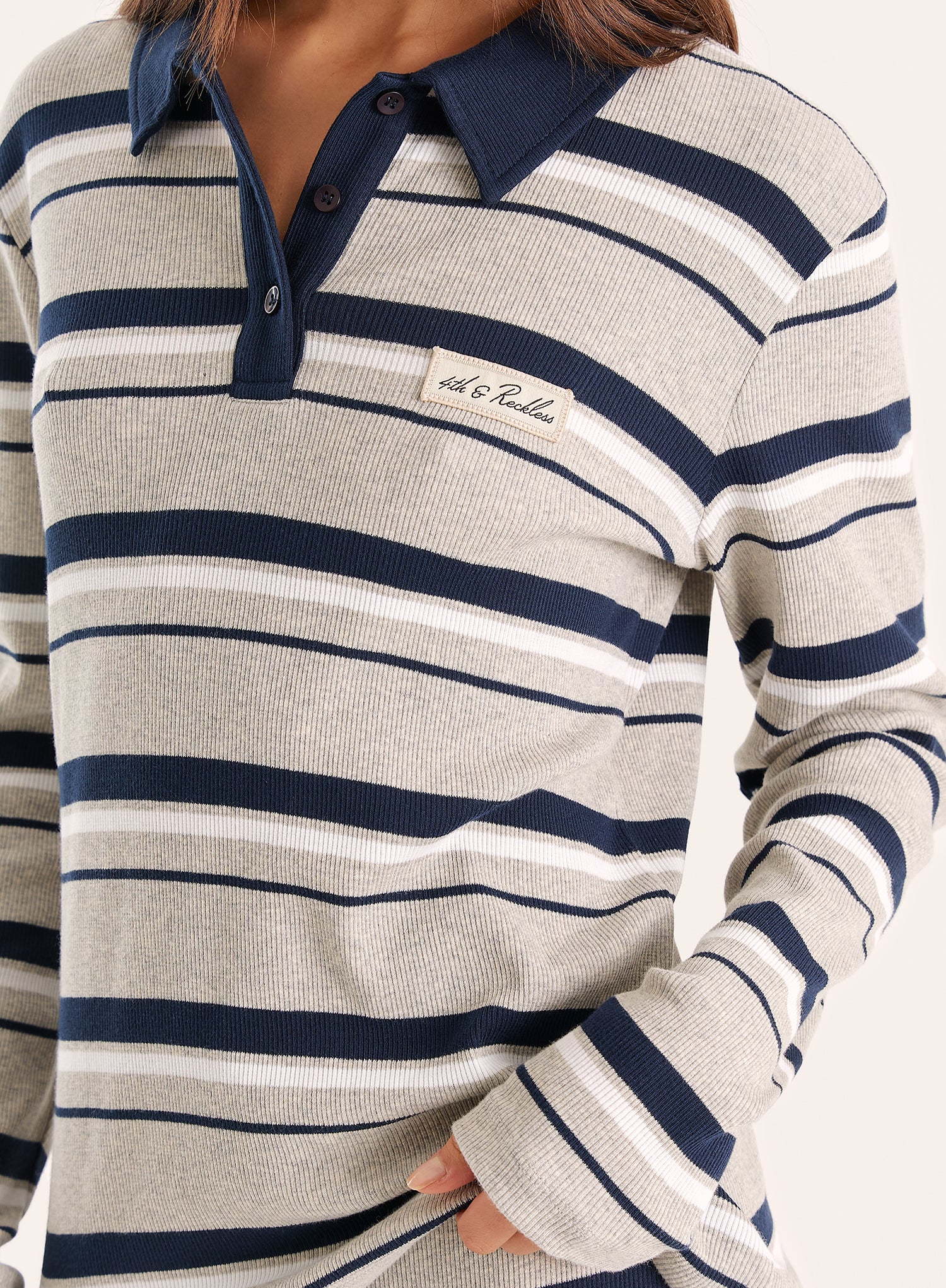 Grey And Blue Stripe Fine Ribbed Jersey Long Sleeve Top